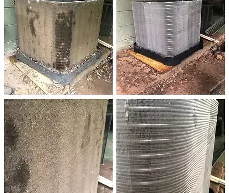 Before-and-after view of an HVAC condenser coil cleaned by Armor
